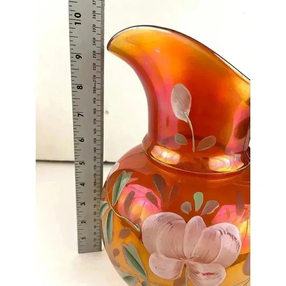 VTG Carnival Glass Orange Iridescent Pitcher Glass Blown Hand Painted 10" Floral - Picture 2 of 16